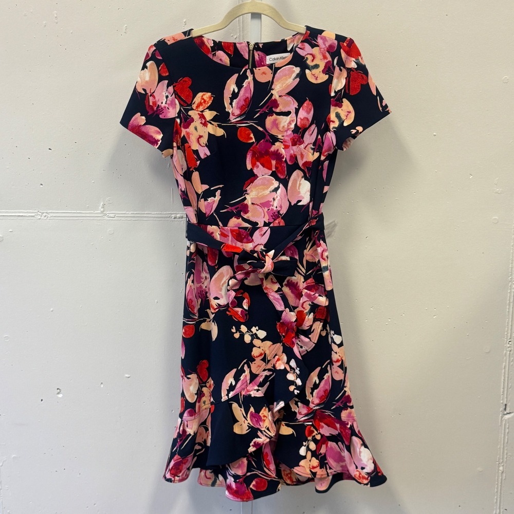 Calvin Klein Floral Ruffle Hem Sheath Dress Navy‎ Pink Size 4 CD0C188Z Summer